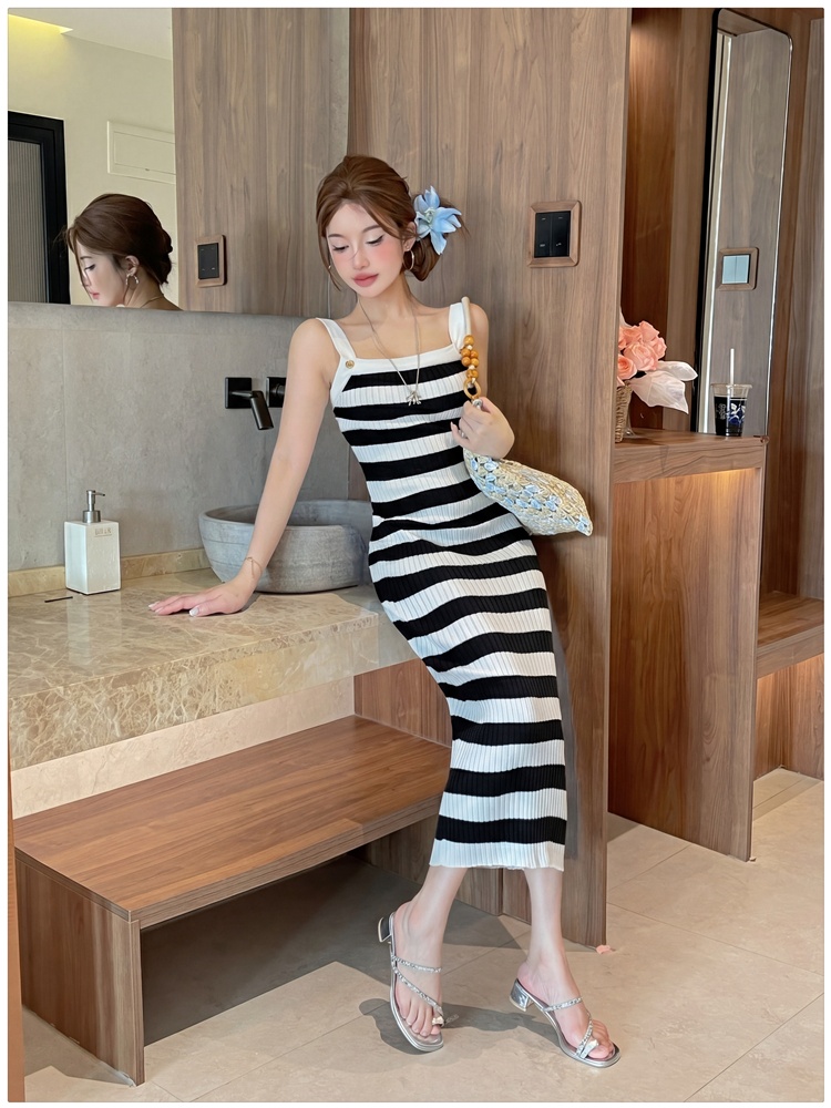 Mixed colors knitted dress sling slim long dress for women