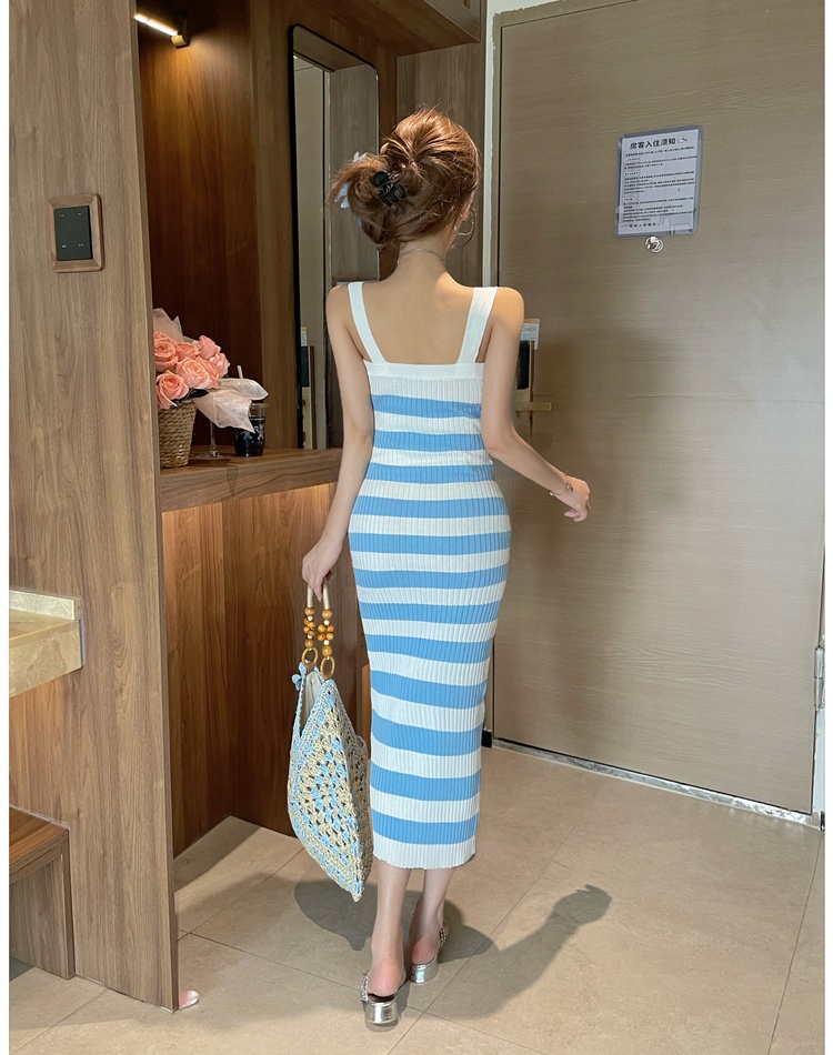 Mixed colors knitted dress sling slim long dress for women