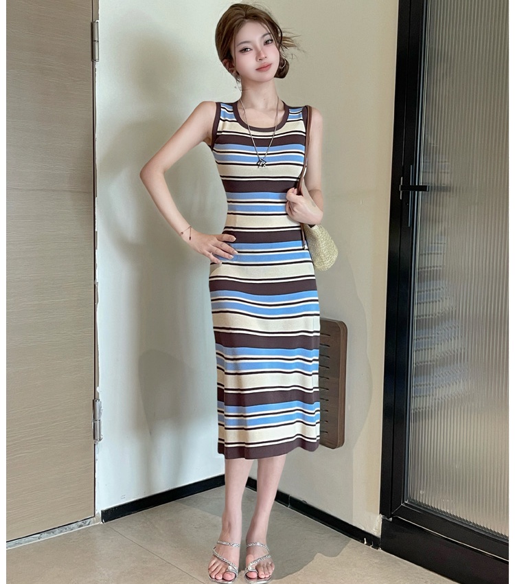 Summer sleeveless long dress stripe knitted vest for women