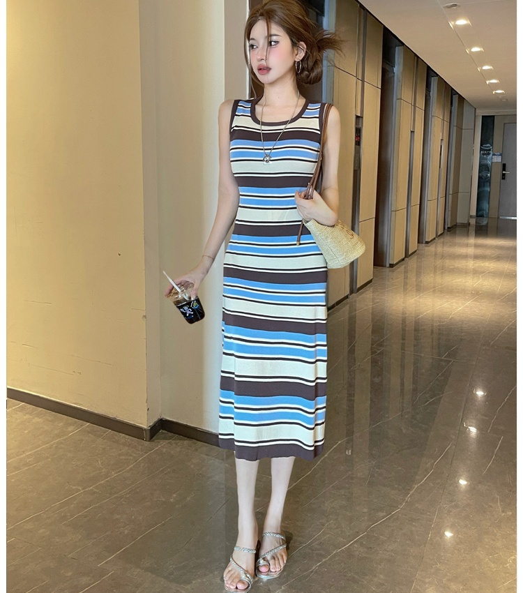 Summer sleeveless long dress stripe knitted vest for women