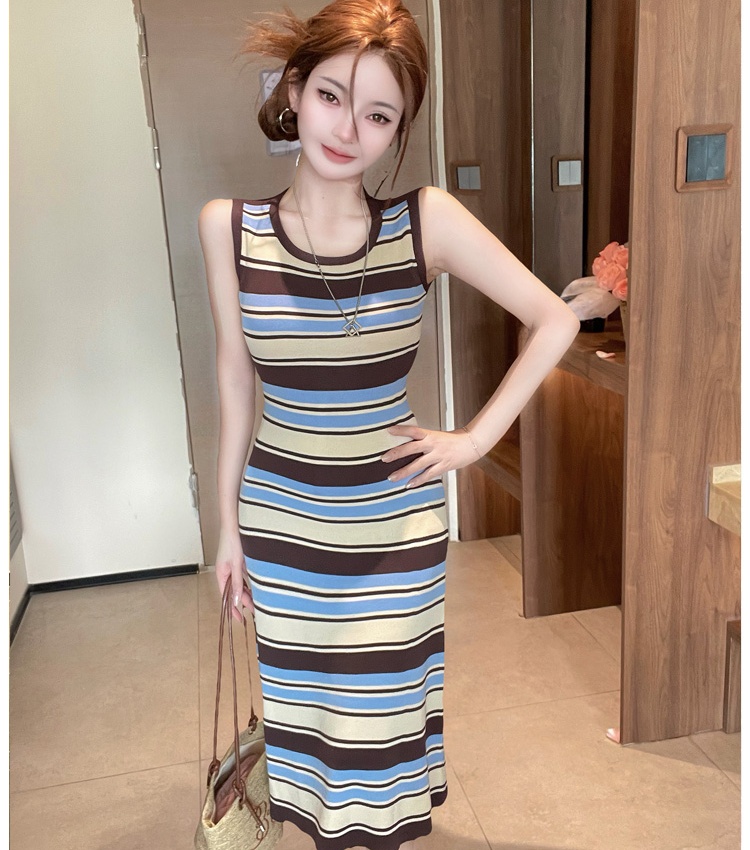 Summer sleeveless long dress stripe knitted vest for women