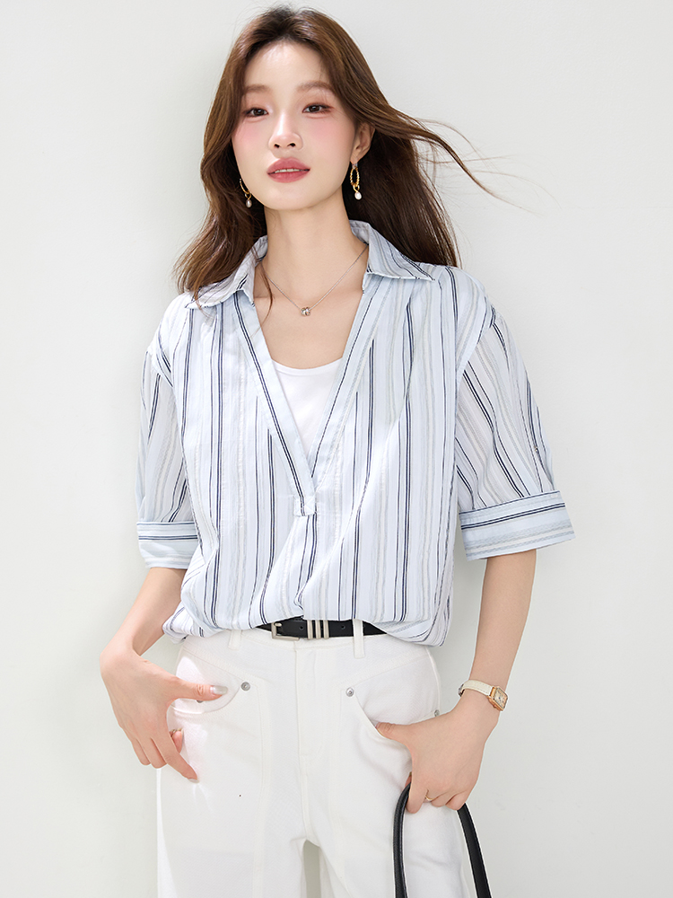 Lazy splice lapel short sleeve Pseudo-two stripe shirt for women