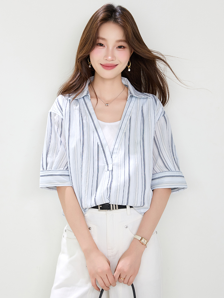 Lazy splice lapel short sleeve Pseudo-two stripe shirt for women