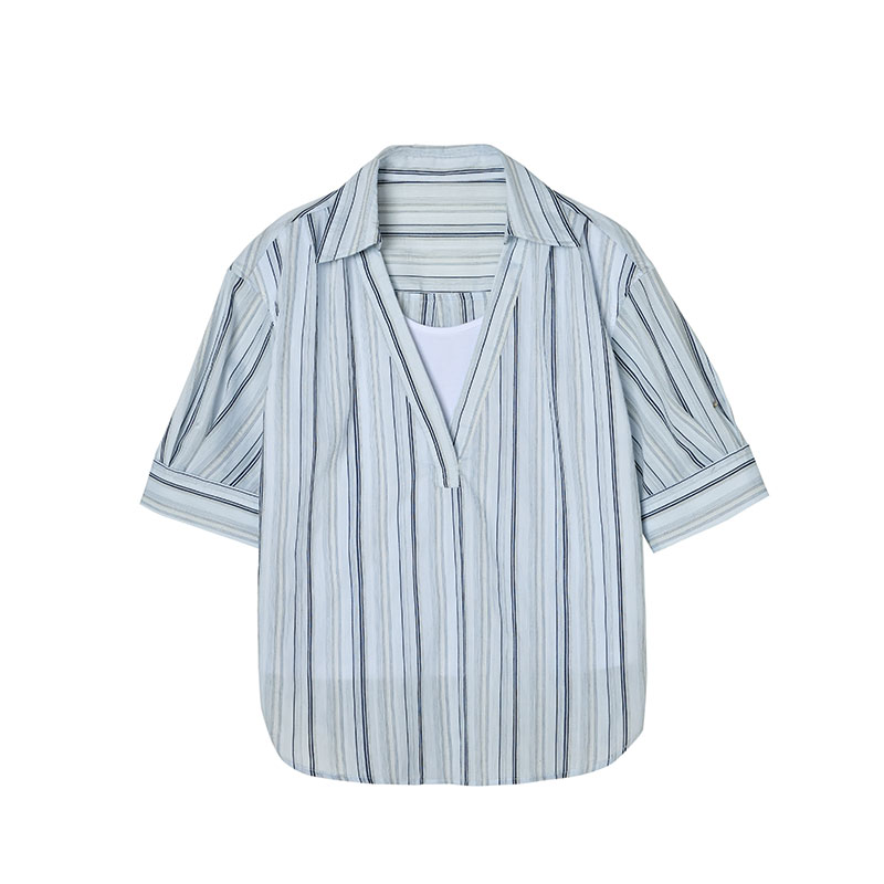 Lazy splice lapel short sleeve Pseudo-two stripe shirt for women