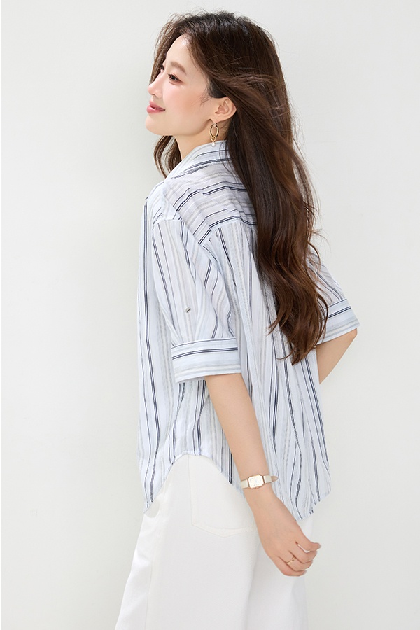 Lazy splice lapel short sleeve Pseudo-two stripe shirt for women