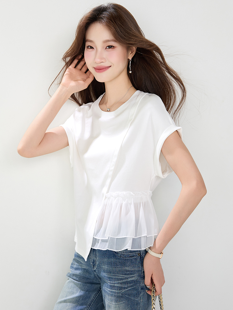 White round neck summer T-shirt short sleeve cotton irregular tops