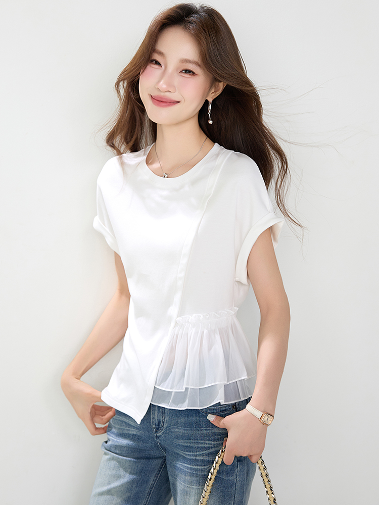 White round neck summer T-shirt short sleeve cotton irregular tops