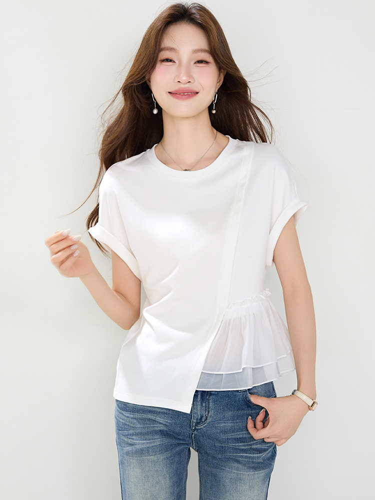 White round neck summer T-shirt short sleeve cotton irregular tops