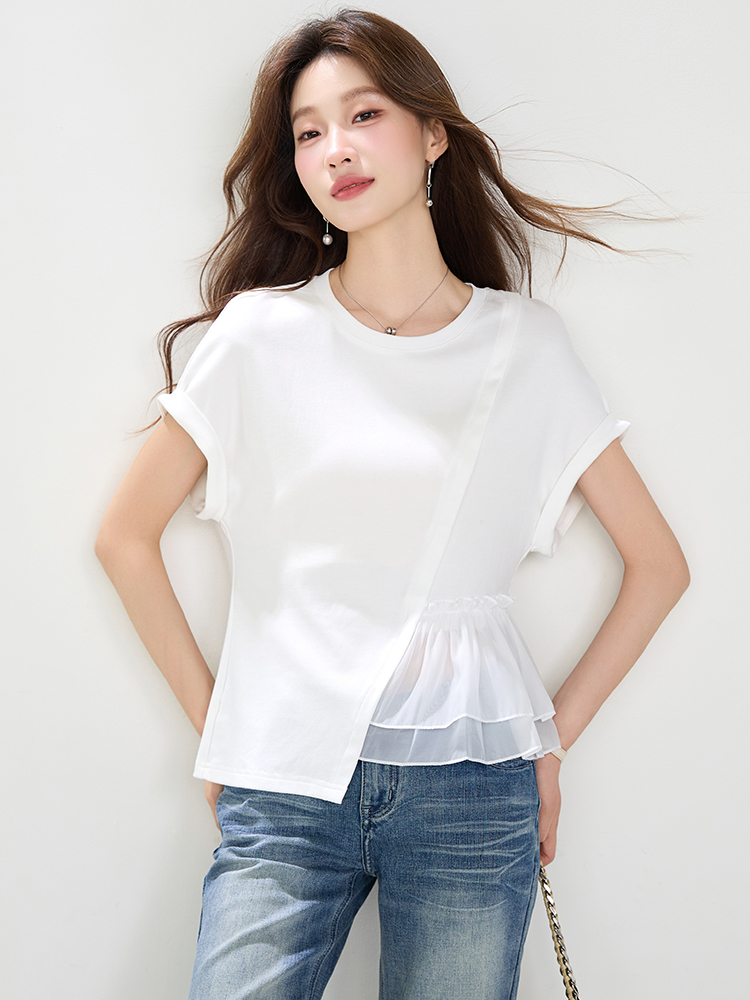 White round neck summer T-shirt short sleeve cotton irregular tops
