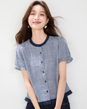 Lace puff sleeve tops France style crimp shirt for women