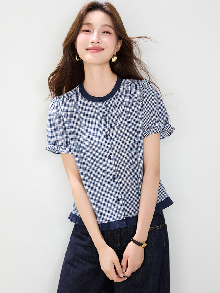 Lace puff sleeve tops France style crimp shirt for women
