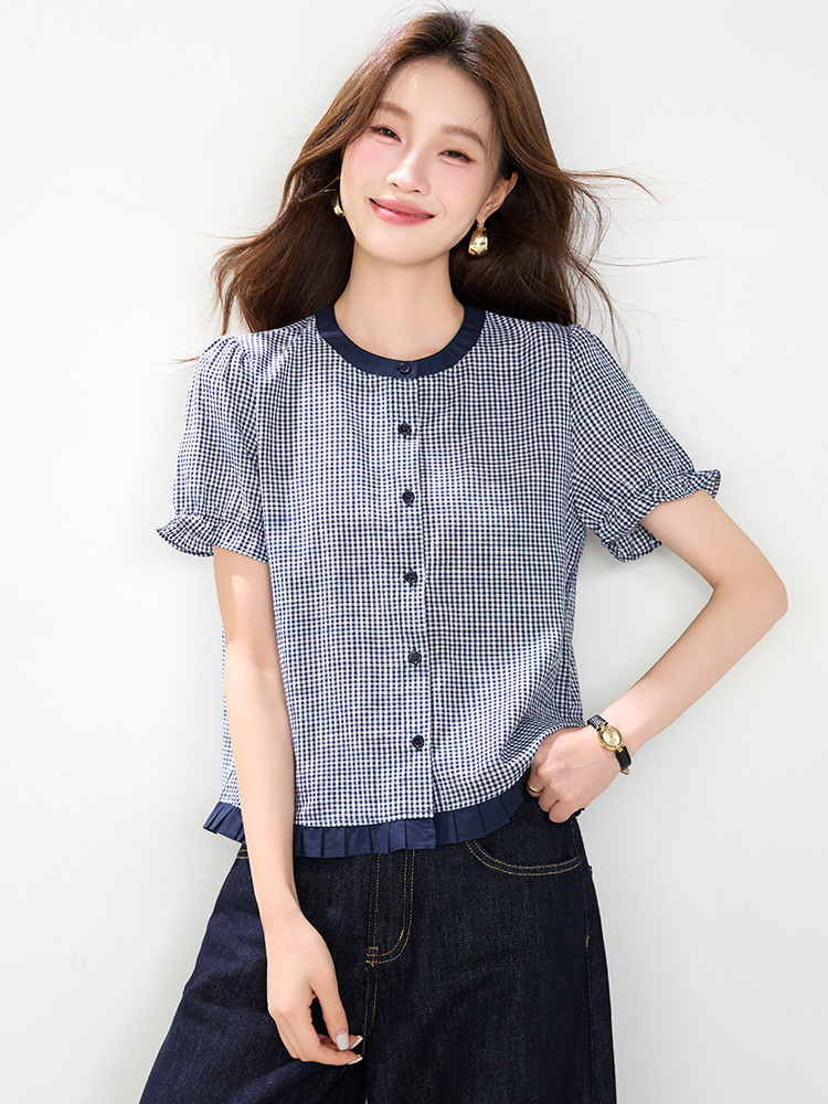 Lace puff sleeve tops France style crimp shirt for women
