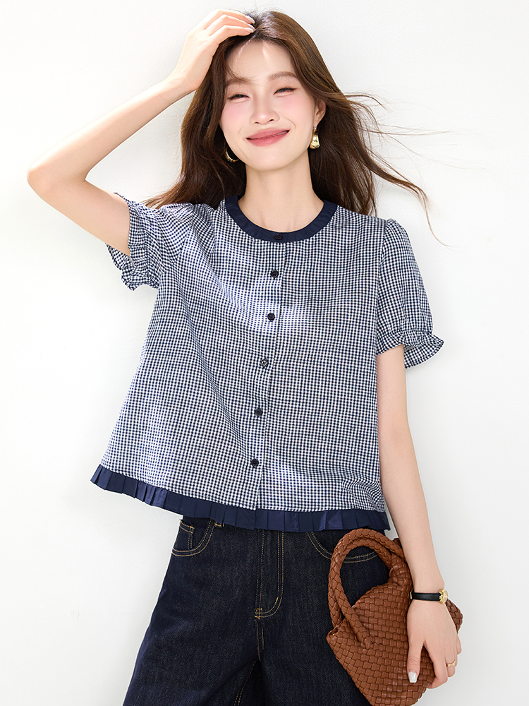 Lace puff sleeve tops France style crimp shirt for women