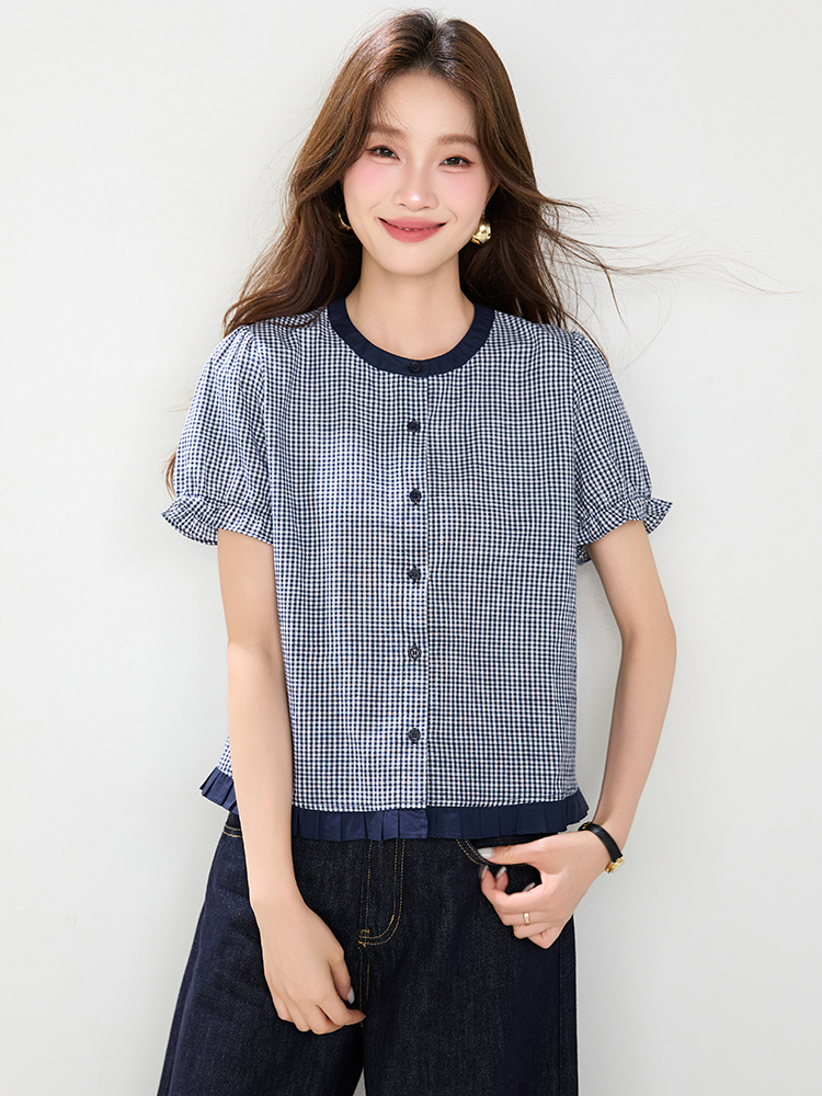 Lace puff sleeve tops France style crimp shirt for women