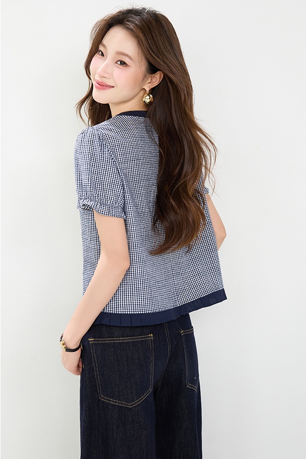 Lace puff sleeve tops France style crimp shirt for women