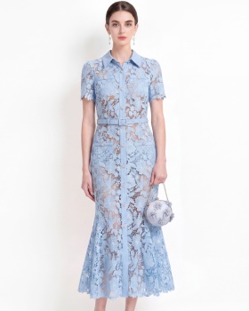 With belt elegant lapel lace inside the ride mermaid dress