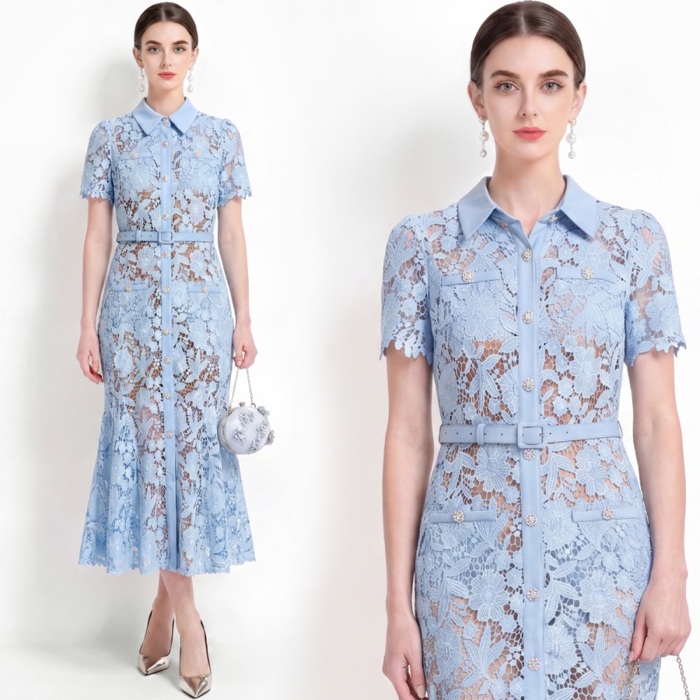 With belt elegant lapel lace inside the ride mermaid dress