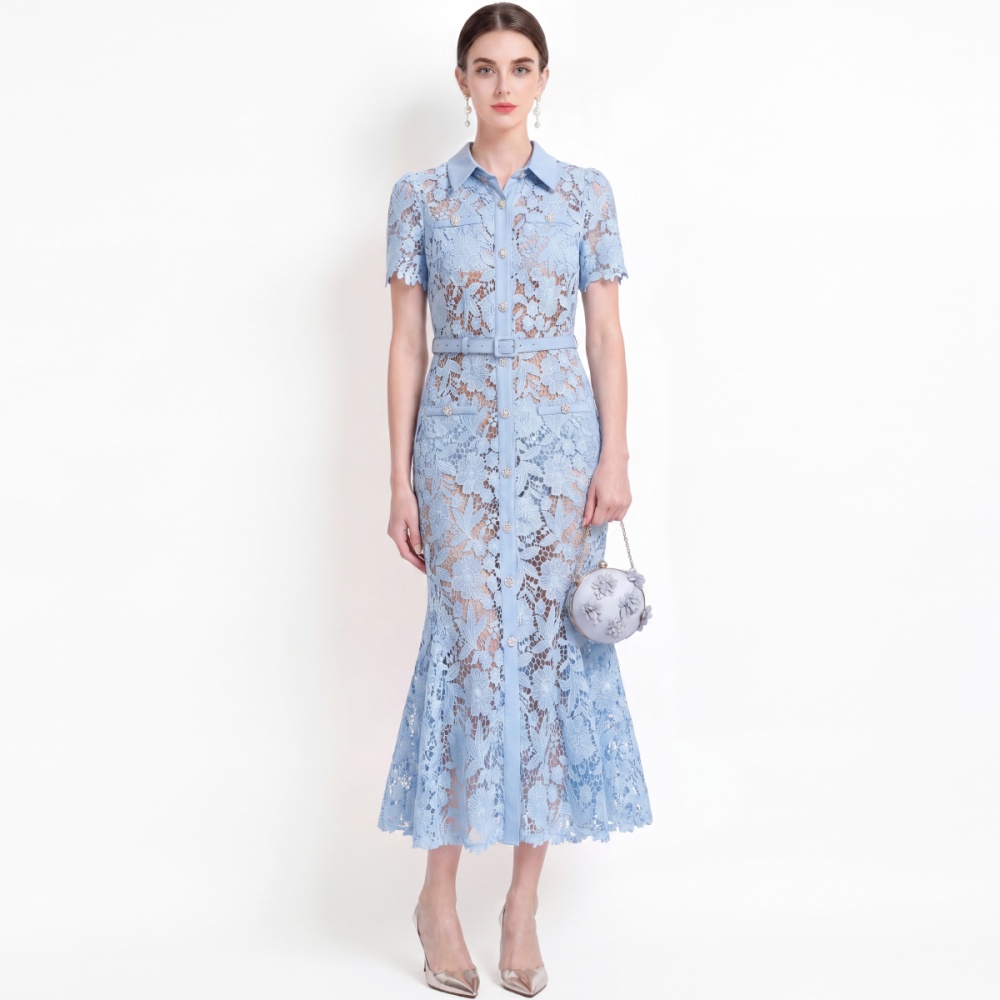 With belt elegant lapel lace inside the ride mermaid dress