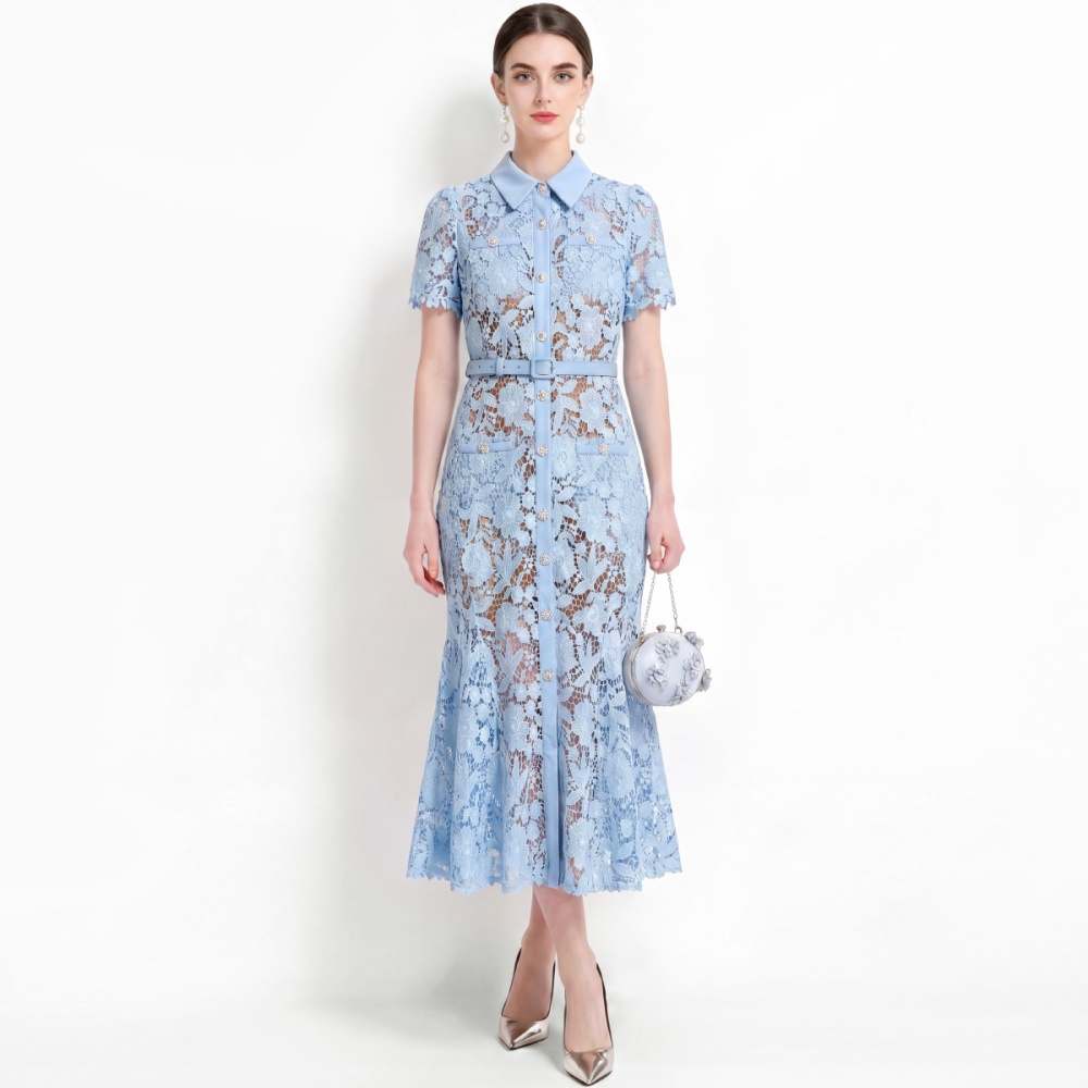 With belt elegant lapel lace inside the ride mermaid dress