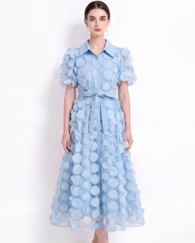 Short sleeve embroidery A-line pinched waist dress