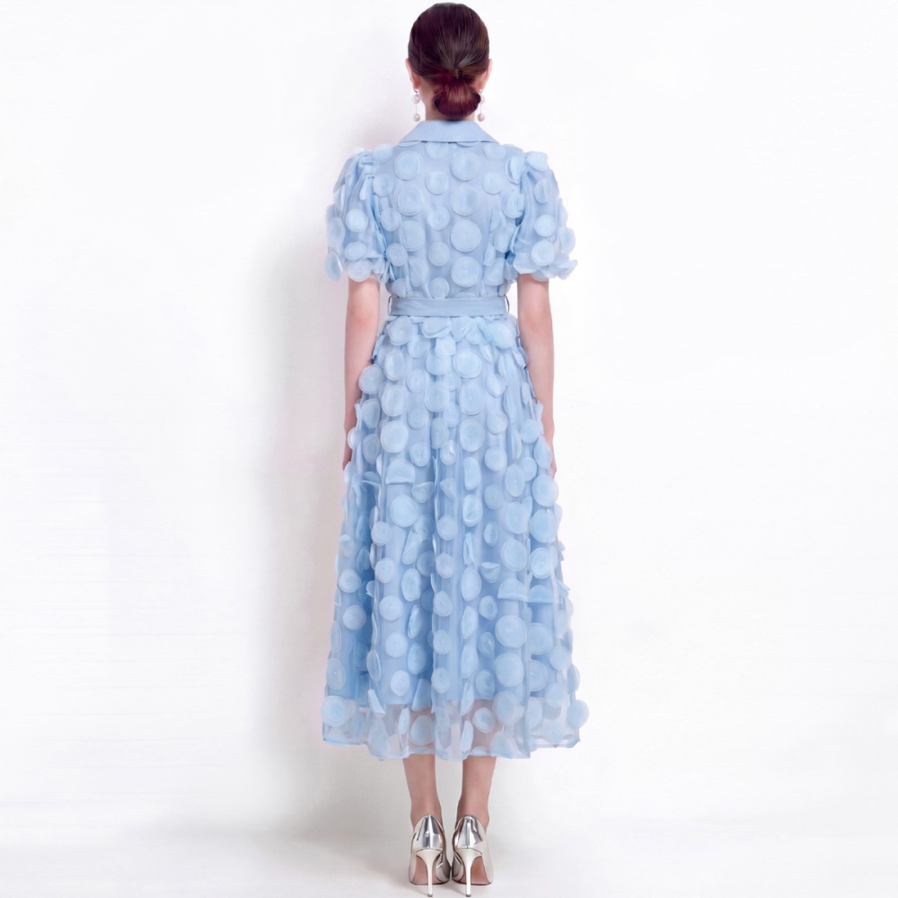 Short sleeve embroidery A-line pinched waist dress