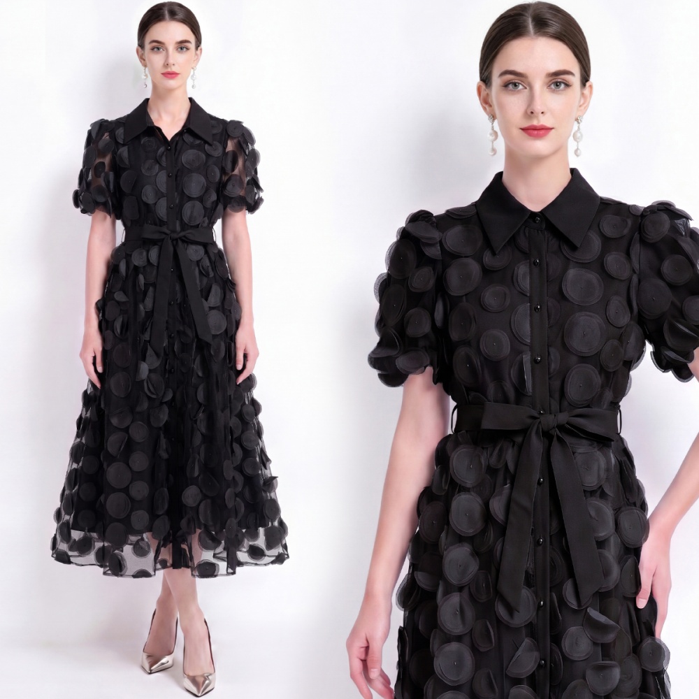 Ladies elegant short sleeve flowers stereoscopic dress