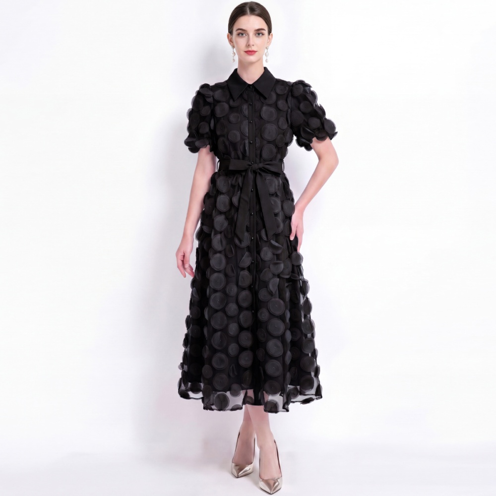 Ladies elegant short sleeve flowers stereoscopic dress