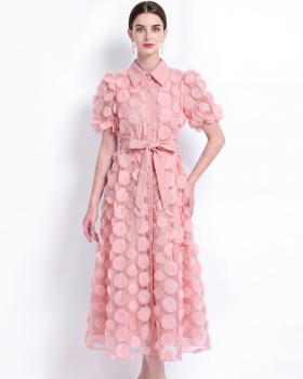 Short sleeve pinched waist elegant lapel A-line ladies dress