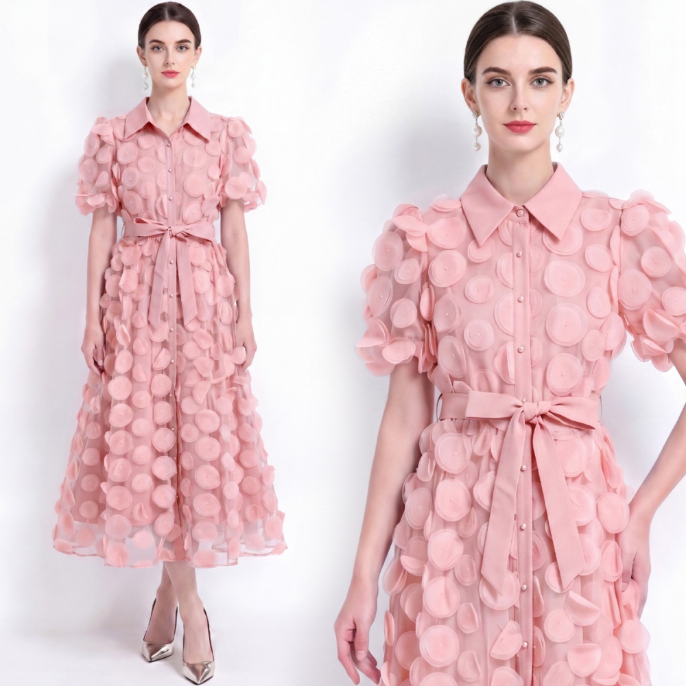 Short sleeve pinched waist elegant lapel A-line ladies dress
