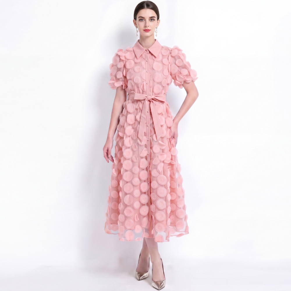 Short sleeve pinched waist elegant lapel A-line ladies dress