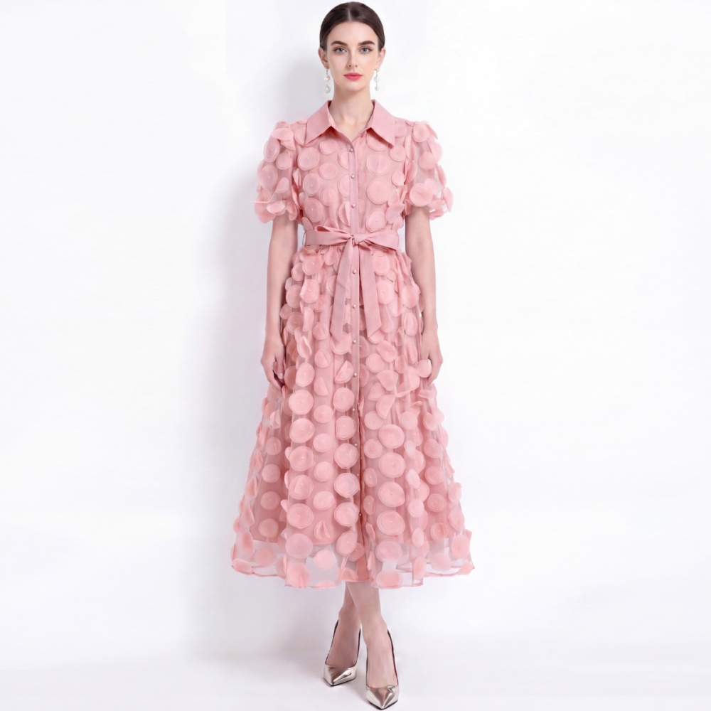 Short sleeve pinched waist elegant lapel A-line ladies dress