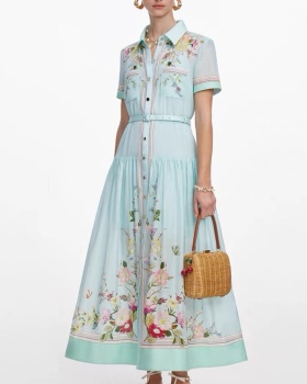 Temperament pinched waist printing elegant long dress