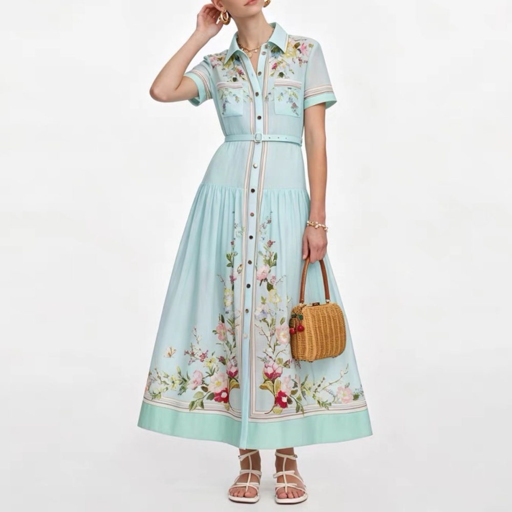 Temperament pinched waist printing elegant long dress