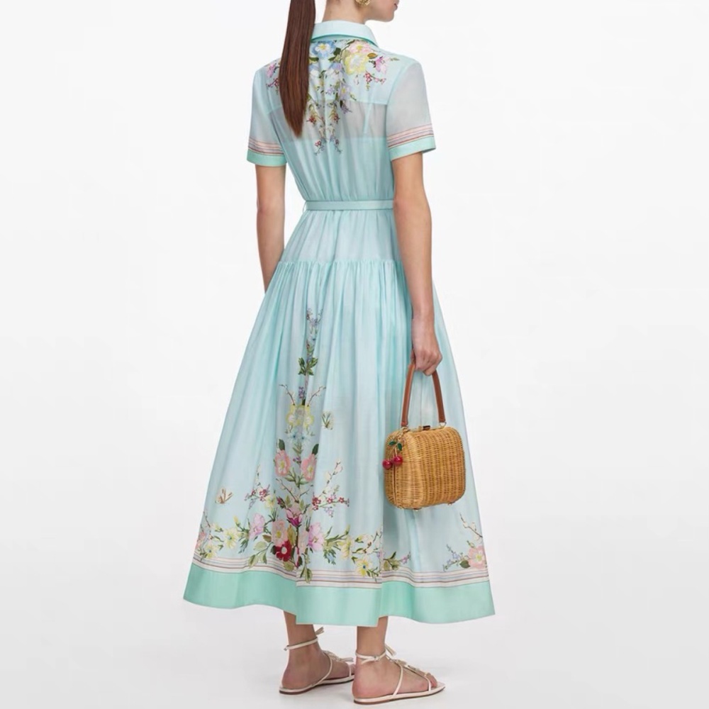 Temperament pinched waist printing elegant long dress