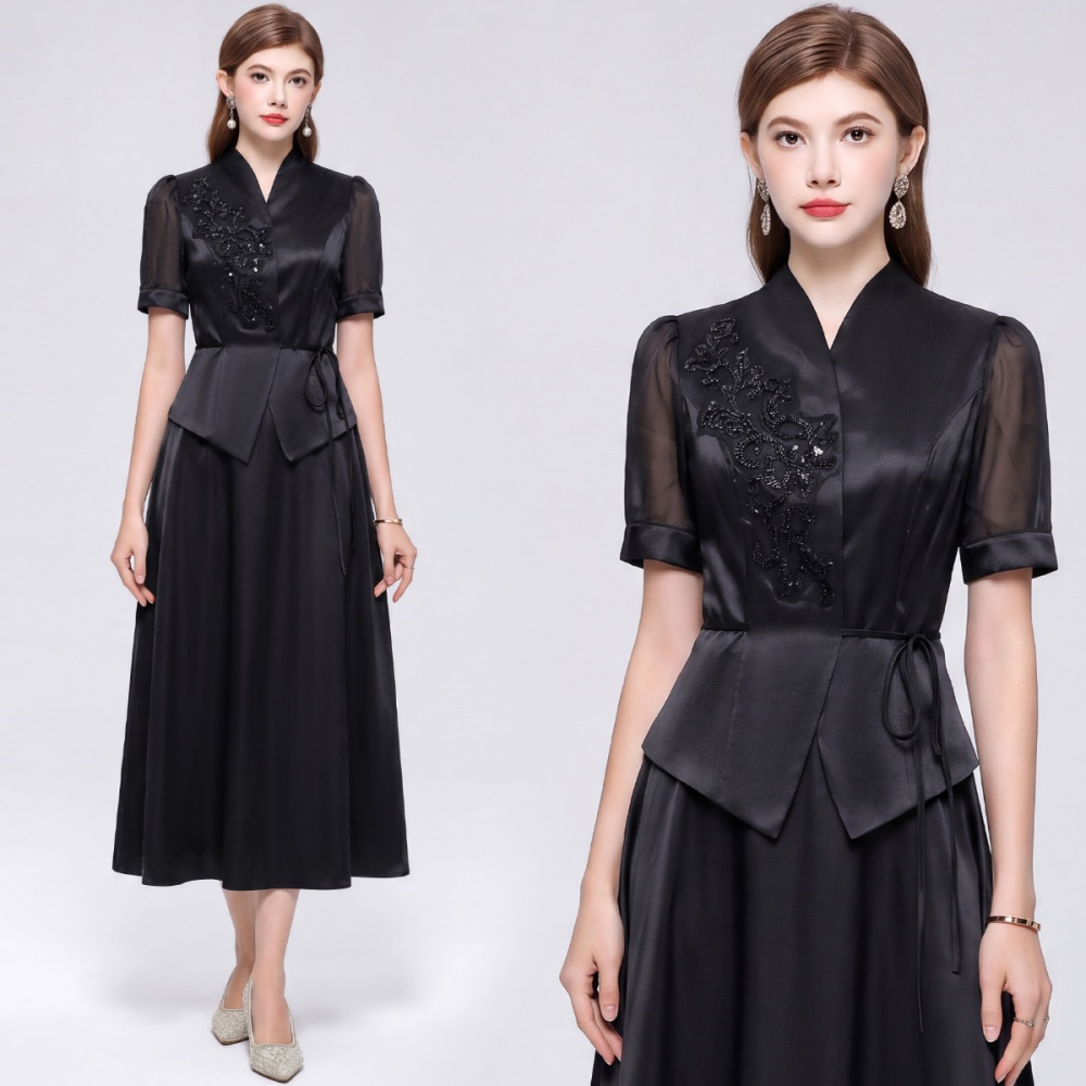Cstand collar Casual skirt short sleeve shirt a set