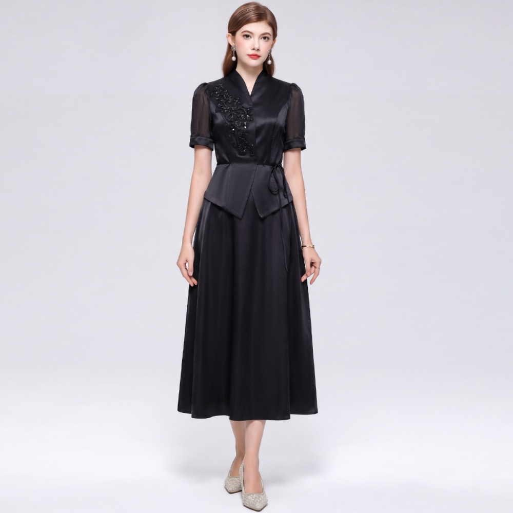Cstand collar Casual skirt short sleeve shirt a set