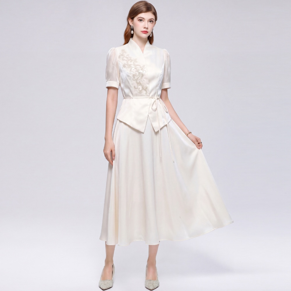 Slim pinched waist skirt France style cstand collar dress a set