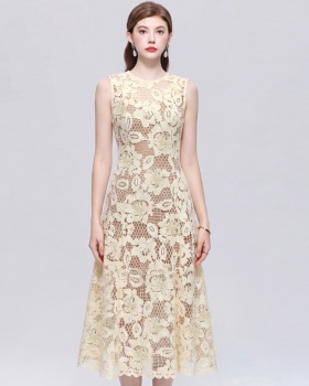 Hollow France style long dress round neck simple dress