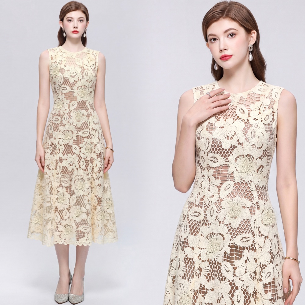 Hollow France style long dress round neck simple dress