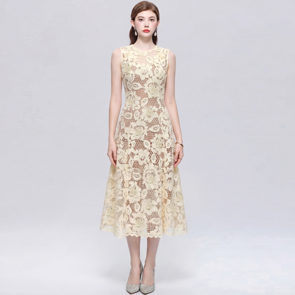 Hollow France style long dress round neck simple dress