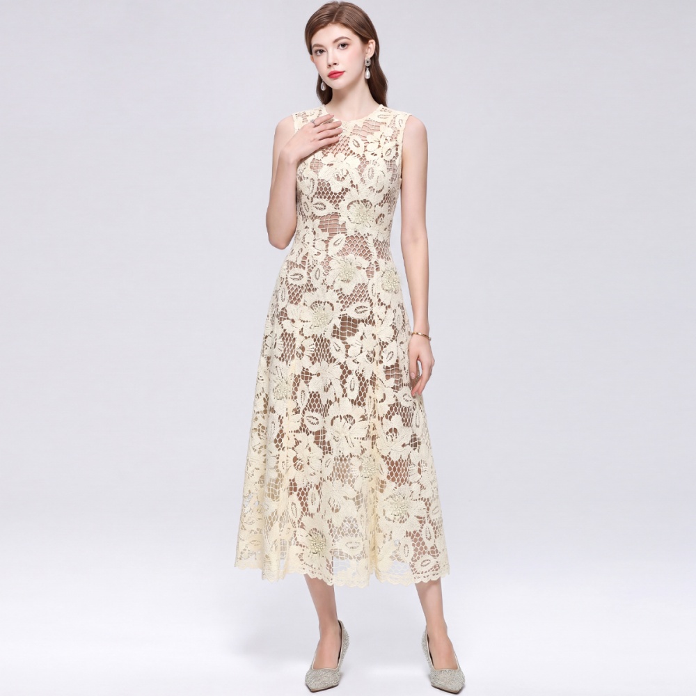 Hollow France style long dress round neck simple dress
