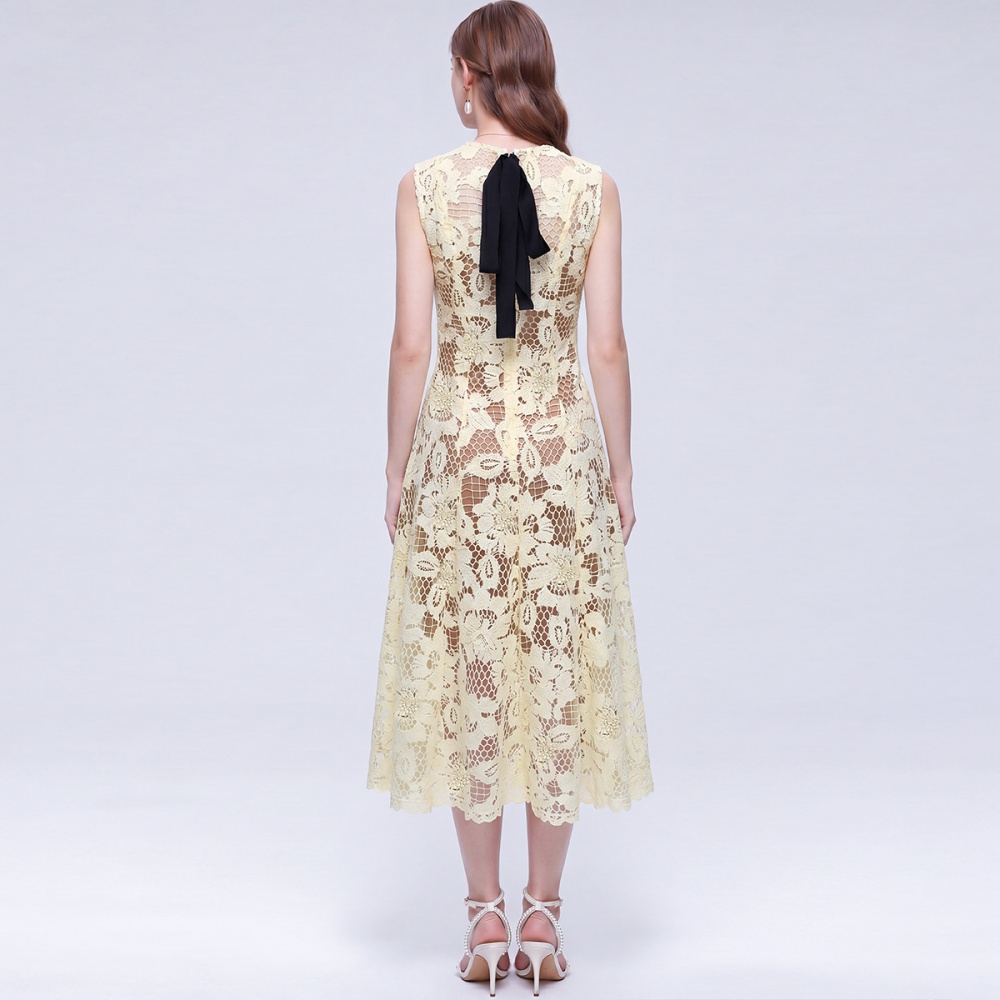 Hollow France style long dress round neck simple dress