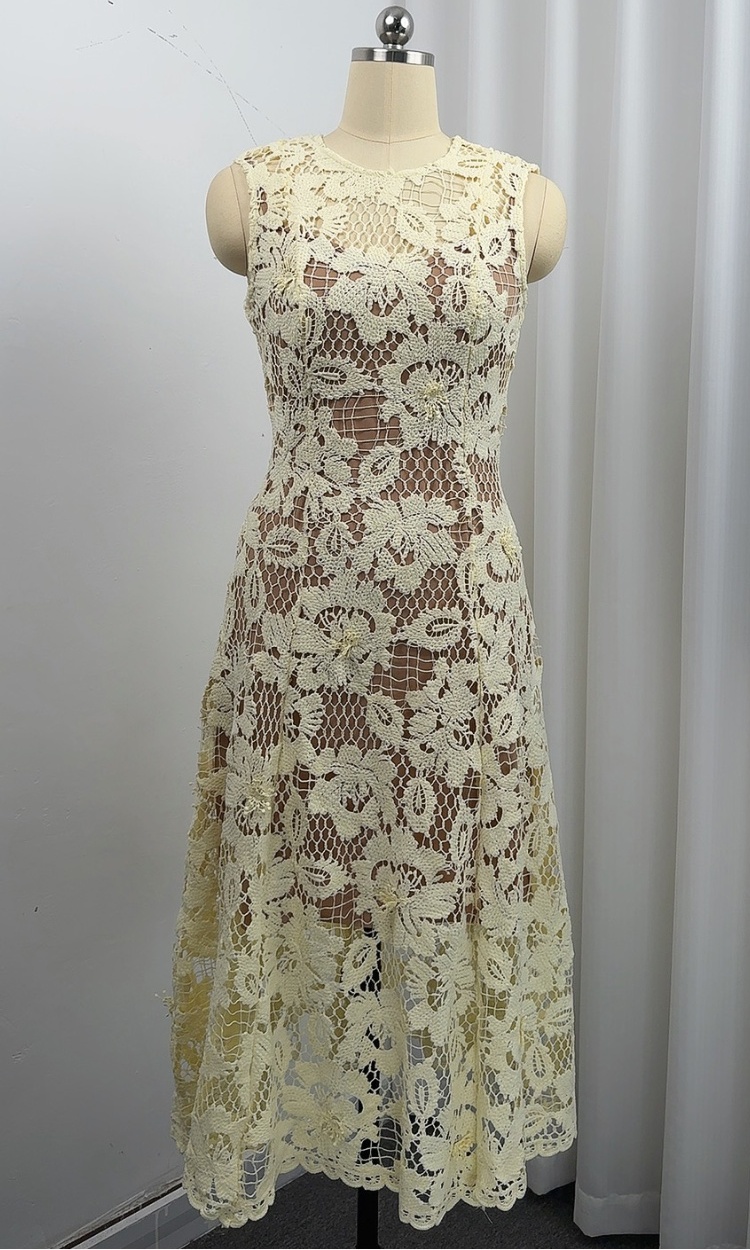 Hollow France style long dress round neck simple dress