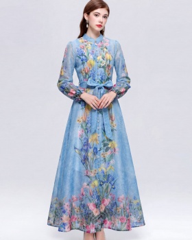 Big skirt commuting cstand collar printing retro dress