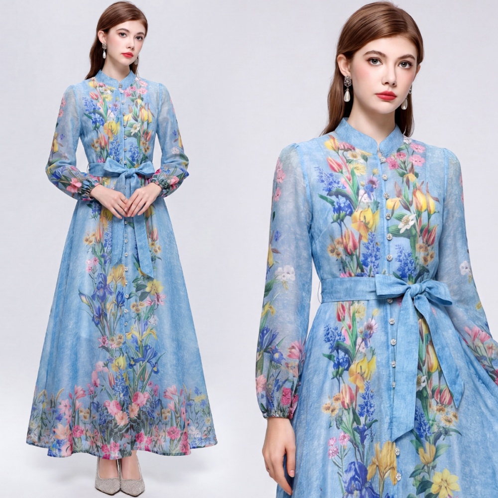 Big skirt commuting cstand collar printing retro dress