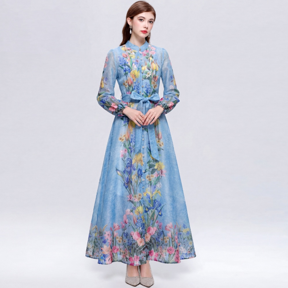 Big skirt commuting cstand collar printing retro dress