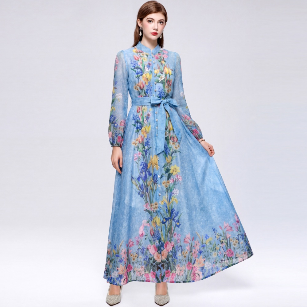 Big skirt commuting cstand collar printing retro dress