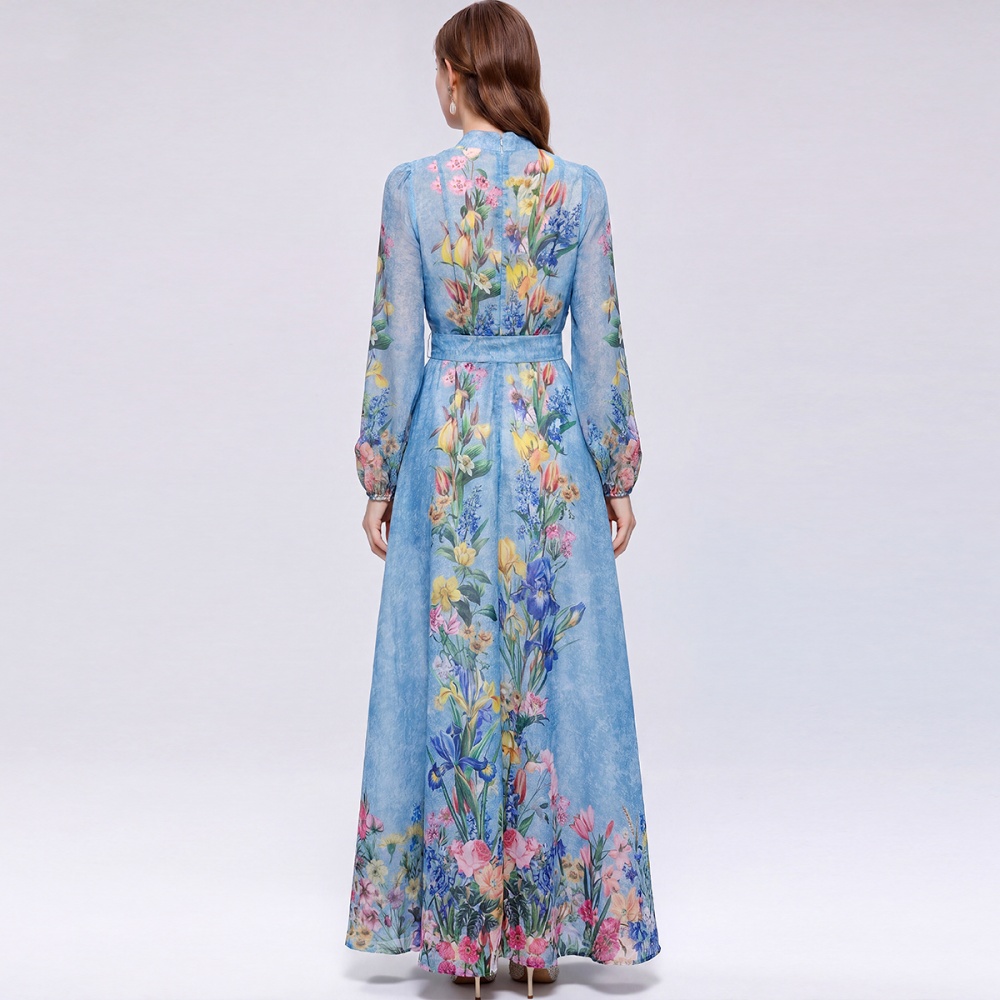 Big skirt commuting cstand collar printing retro dress