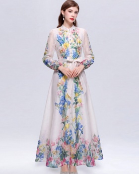 Pinched waist single-breasted retro printing dress