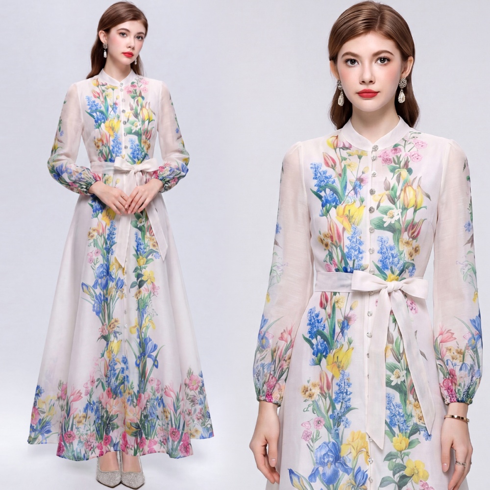 Pinched waist single-breasted retro printing dress